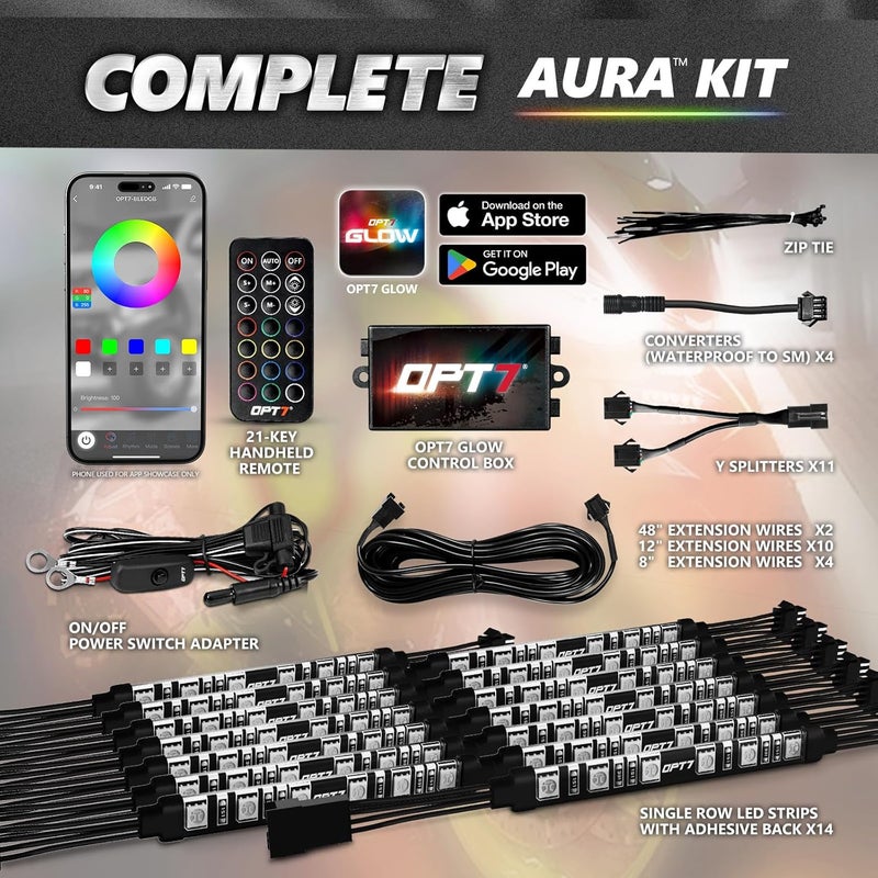 OPT7 Aura Pro 14pcs Motorcycle RGB LED Strip Lights with App & Remote Control, Multi-Color & Music Sync Neon Accent Bike Underglow Lighting Kit, 12V Handle Switch for Harley Honda Yamaha Kawasaki - Image 5